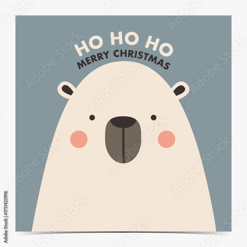 Ho, ho, ho Merry Christmas cute minimalist greeting card, postcard, invitation with adorable chubby white polar bear on blue background, vector illustration