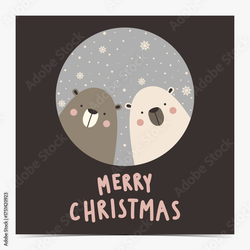 Merry Christmas - cute minimalist greeting card, postcard, invitation with an adorable brown bear and white polar bear on a snowy blue background, vector illustration