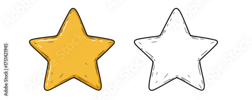 Drawn image of two five-pointed stars showing a bright golden yellow color version and a black outline contour on a plain white background