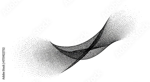 Abstract monochrome dotted wave graphic effect. Dynamic flowing ribbon shape made of stippled particles on a white background