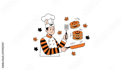Chef cooking festive Halloween pumpkin pancakes surrounded by autumn leaves Perfect for seasonal recipes