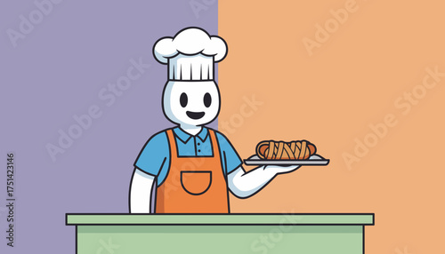 Happy cartoon chef serving a delicious hot dog on a plate Food service catering concept