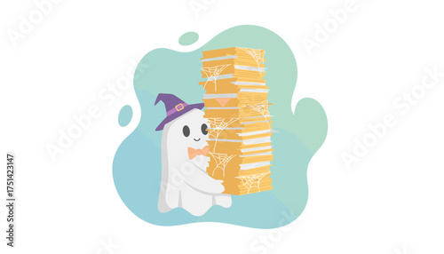 Friendly Halloween ghost in a witch hat carries a tall stack of cobwebbed forgotten documents