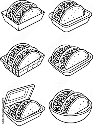 Vector outline for coloring, delicious tacos in a container