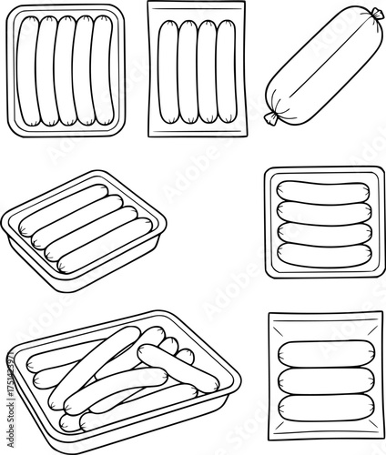 Vector outline for coloring, delicious sausages in a container