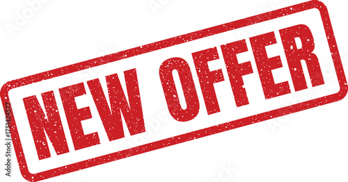 Distressed red rubber stamp with NEW OFFER in a bold diagonal presentation, ideal for announcing sales or promotional opportunities