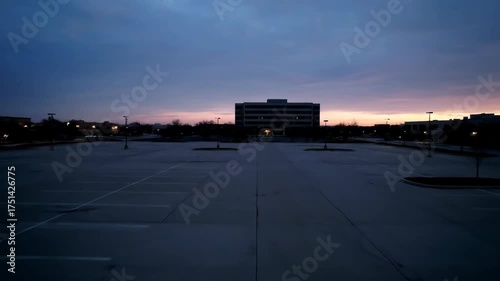 Office building in the distance at dusk, over an empty parking lot