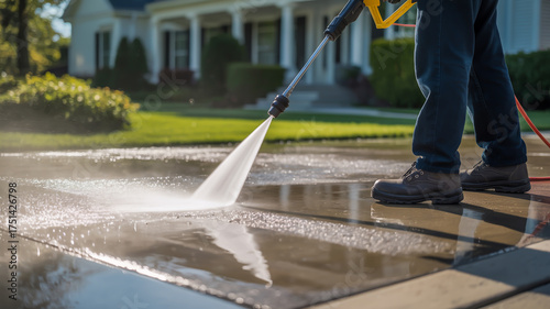 A close-up photograph of pressure washing a concrete driveway.
