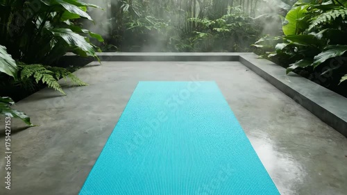 Yoga mat on concrete floor, surrounded by lush green plants