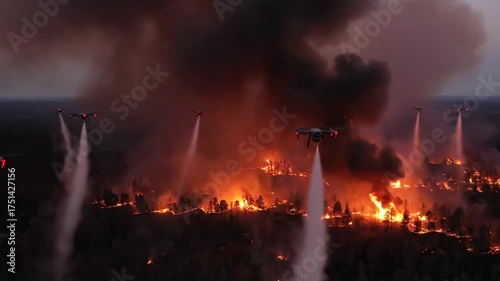 Drones suppress flames with water above burning forest landscape