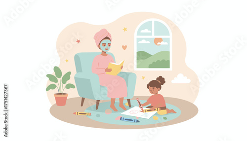 Woman relaxes with face mask and book as child draws Cozy home selfcare and family time