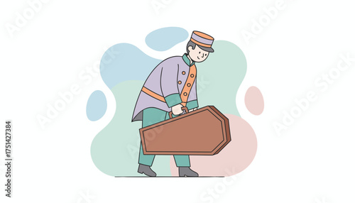 Bellhop carrying an unusual coffinshaped suitcase Hospitality service travel quirky delivery concept