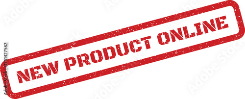 Distressed rubber stamp with bold text announcing a new product available online for customers