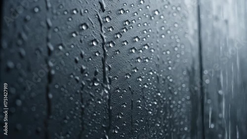 Close-up of water droplets on a dark surface with rain streaks