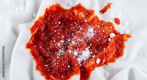 Red tomato sauce splatter on white fabric