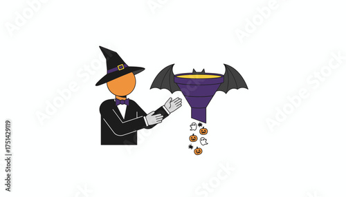 Witchwizard with bat funnel dispensing Halloween treats representing seasonal marketing or sales