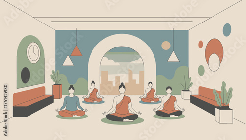 Group meditation in a modern studio promoting peace wellness and mindful living