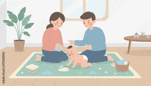 Happy parents observing their baby crawling on a playmat joyful family moment at home