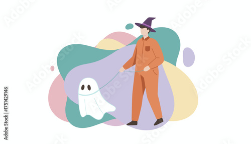 Person in witch hat walks friendly ghost on leash against abstract background for Halloween fun