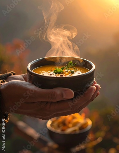 Warm hands holding a bowl of steaming soup