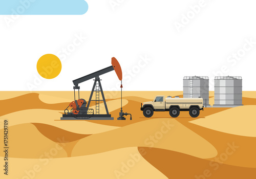 Desert Oil Extraction Pumpjack, Truck, and Storage Tanks in Arid Landscape