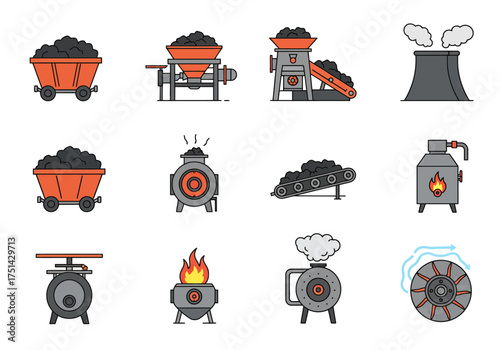 Coal Mining & Processing Industry Icons Set for Energy Production and Industrial Design