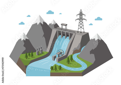 Hydroelectric Dam in Mountainous Landscape Illustration