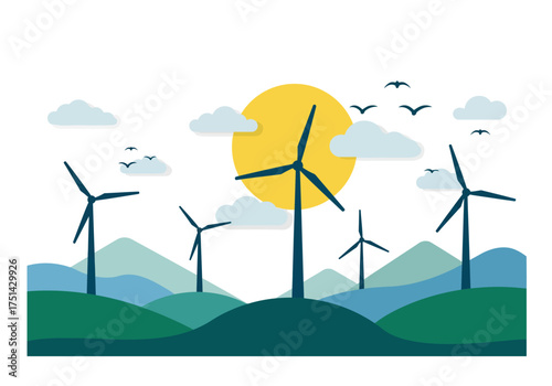 Wind Turbines on Rolling Hills at Sunset A Green Energy Landscape Illustration