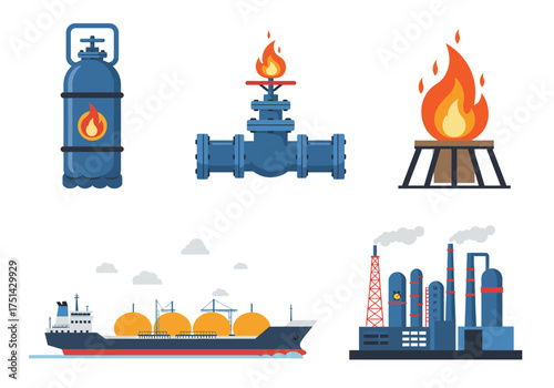 Gas Industry Elements Tank, Valve, Flame, Ship, and Factory