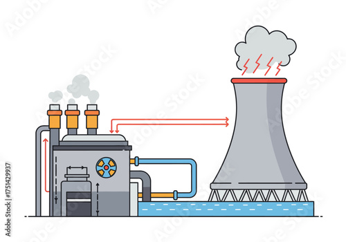 Detailed Flat Illustration of a Nuclear Power Plant with Cooling Tower and Reactors