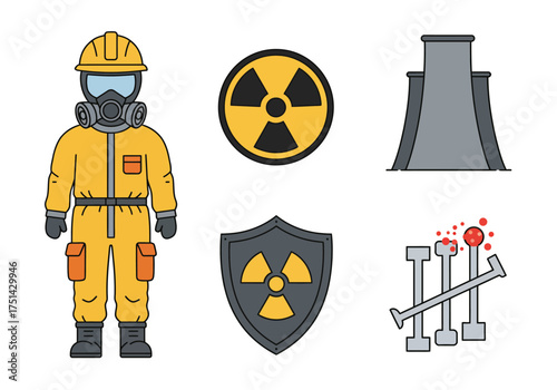 Radiation Safety Icons Protective Gear, Nuclear Symbol & Power Plant Outline