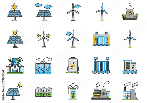 Collection of eco-friendly energy source icons showcasing renewable power methods