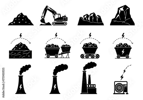 Coal Industry Extraction, Transportation and Energy Generation Icons