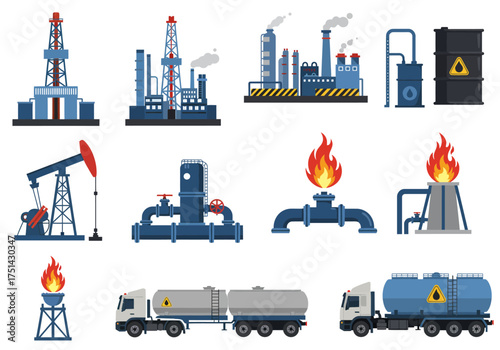 Oil and Gas Industry Icons Extraction, Refining and Transportation