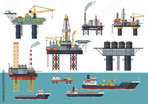 Oil Rig and Ship Vector Set Offshore Platform Illustration