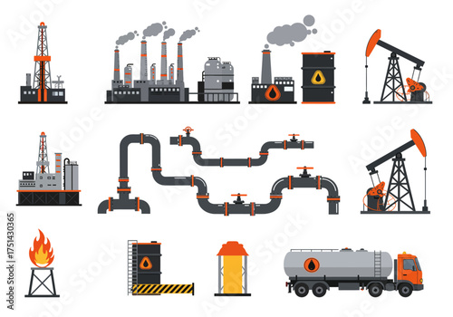 Oil Industry Infrastructure Illustration of Refinery, Pipeline, and Transport Elements