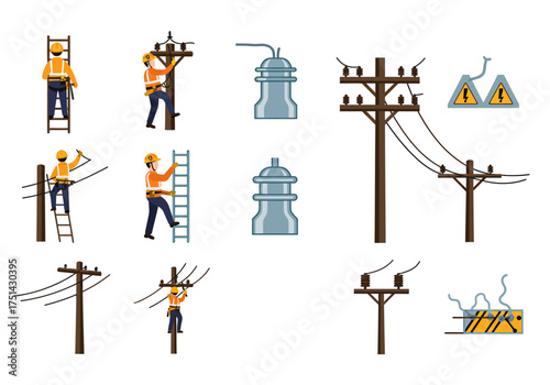 Electrical Grid Maintenance Linemen Repairing and Maintaining Power Lines
