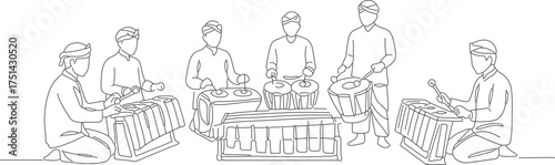Minimalist Outline Illustration of Gamelan Ensemble Performance with Musicians Playing Instrument