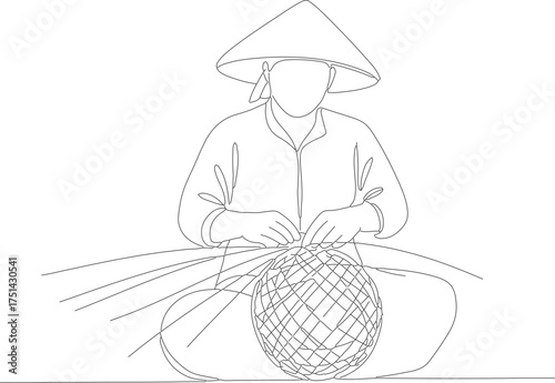 Simple Outline Drawing Weaving Farmer Character Wearing Conical Hat Illustration