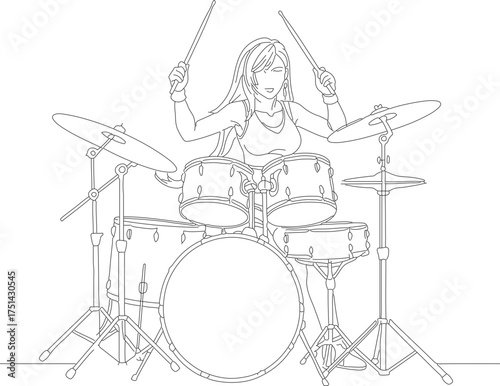 Line Art Detailed Drummer Performing with Drum Set Musical Instrument