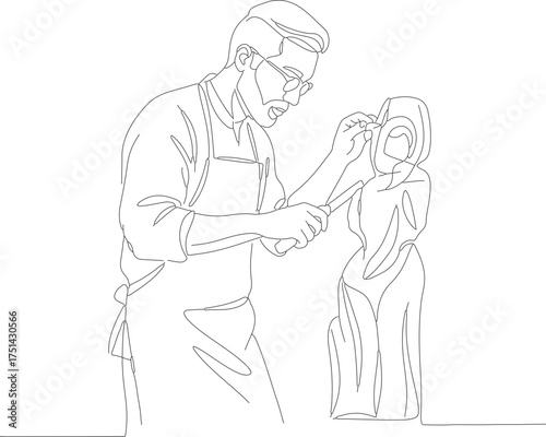Line Art Illustration of a Skilled Craftsman Sculpting Intricate Statue Craft