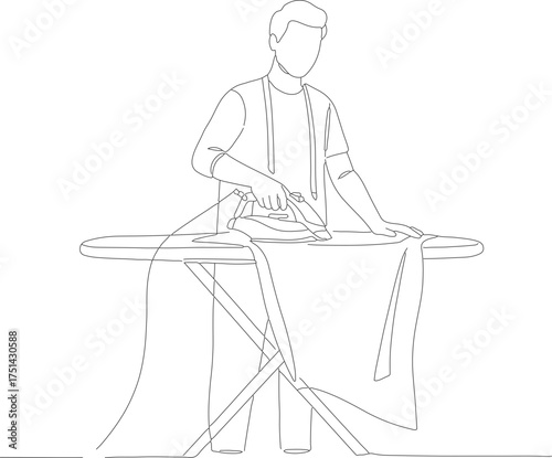 Minimalist Outline Style Man Ironing Clothes on Ironing Board Illustration
