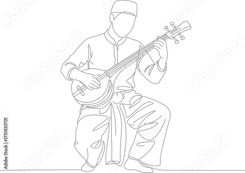 Minimalist Line Drawing Man Playing Traditional Sitar Musical Instrument Illustration