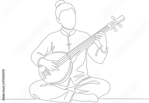 Simple Outline Illustration Man Playing Stringed Instrument Sitar Traditional Music