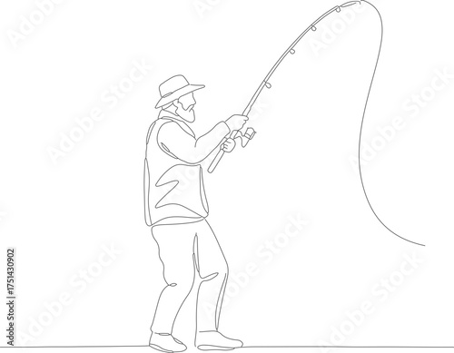 Line Art Fisherman Casting Fly Rod Detailed Sport Illustration