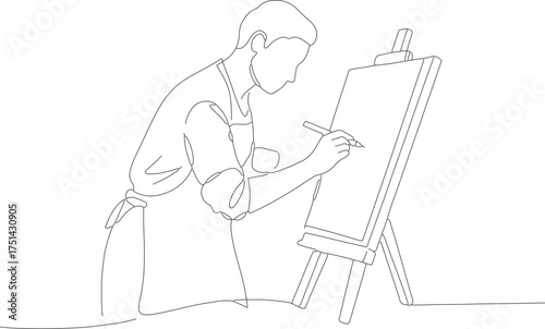 Simple Line Art Artist Painting on Easel Drawing Illustration