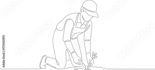 Simple Line Drawing Gardener Planting Seedling Illustration Farming Concept