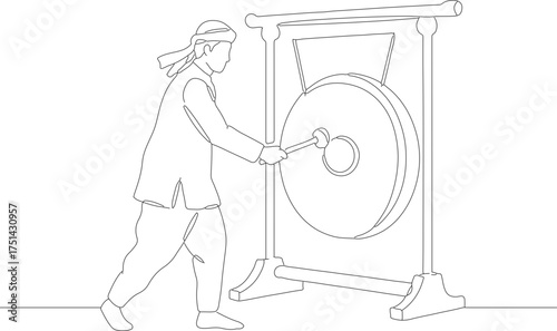 Minimalist Line Art Person Striking Gong Musical Instrument Illustration