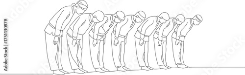 Minimalist Line Art People Bowing in Respectful Row Illustration