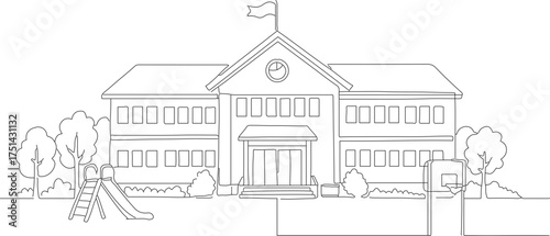 Simple Line Drawing of a School Building with Playground Equipment